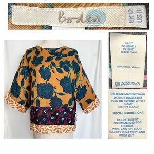 BODEN Women 8 Mustard Floral Hopscotch Patchwork Wide Sleeve Square Tee Top EUC